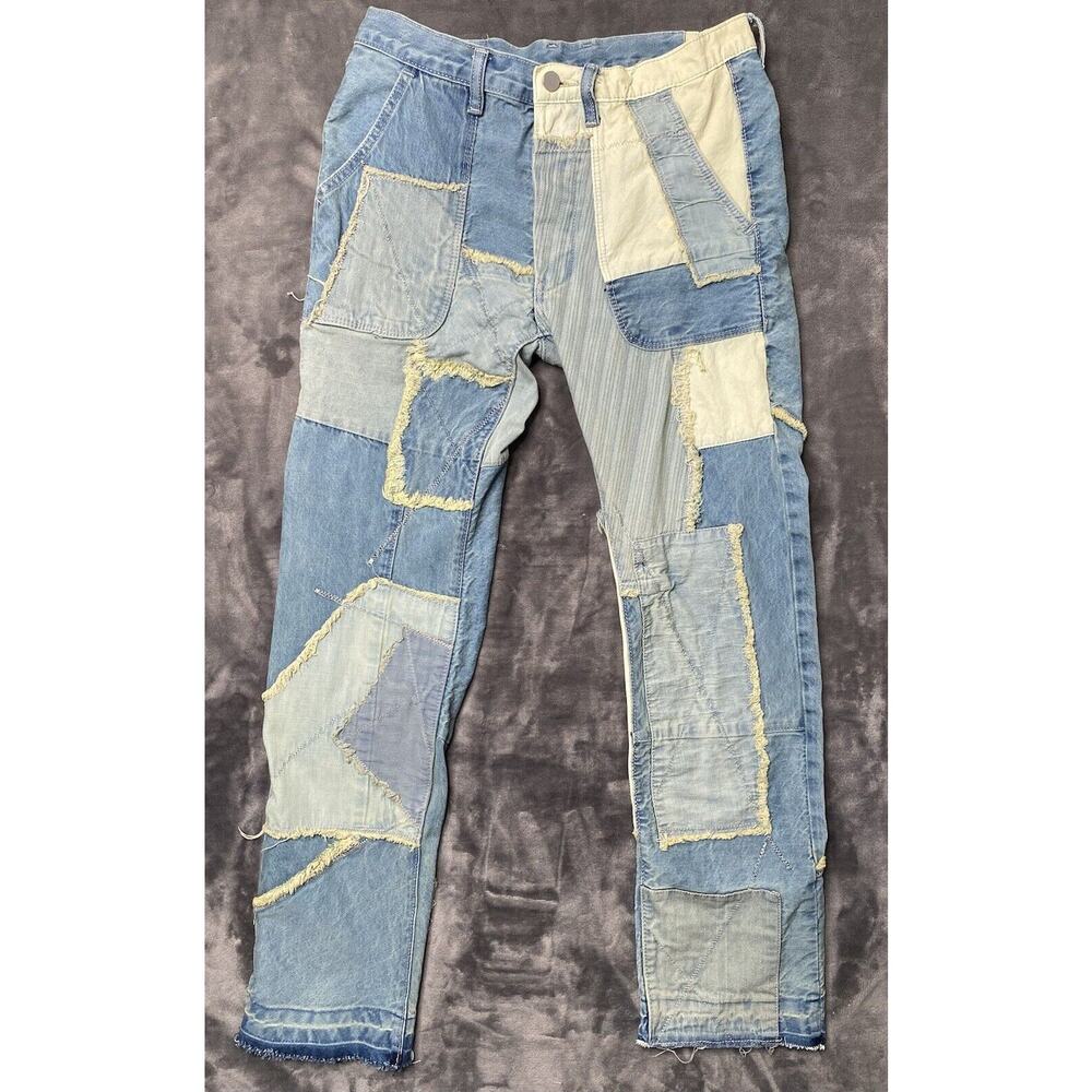 Mnml Deconstructed Patchwork Button Fly Jeans Men's 30x29 Blue Denim Raw Hem